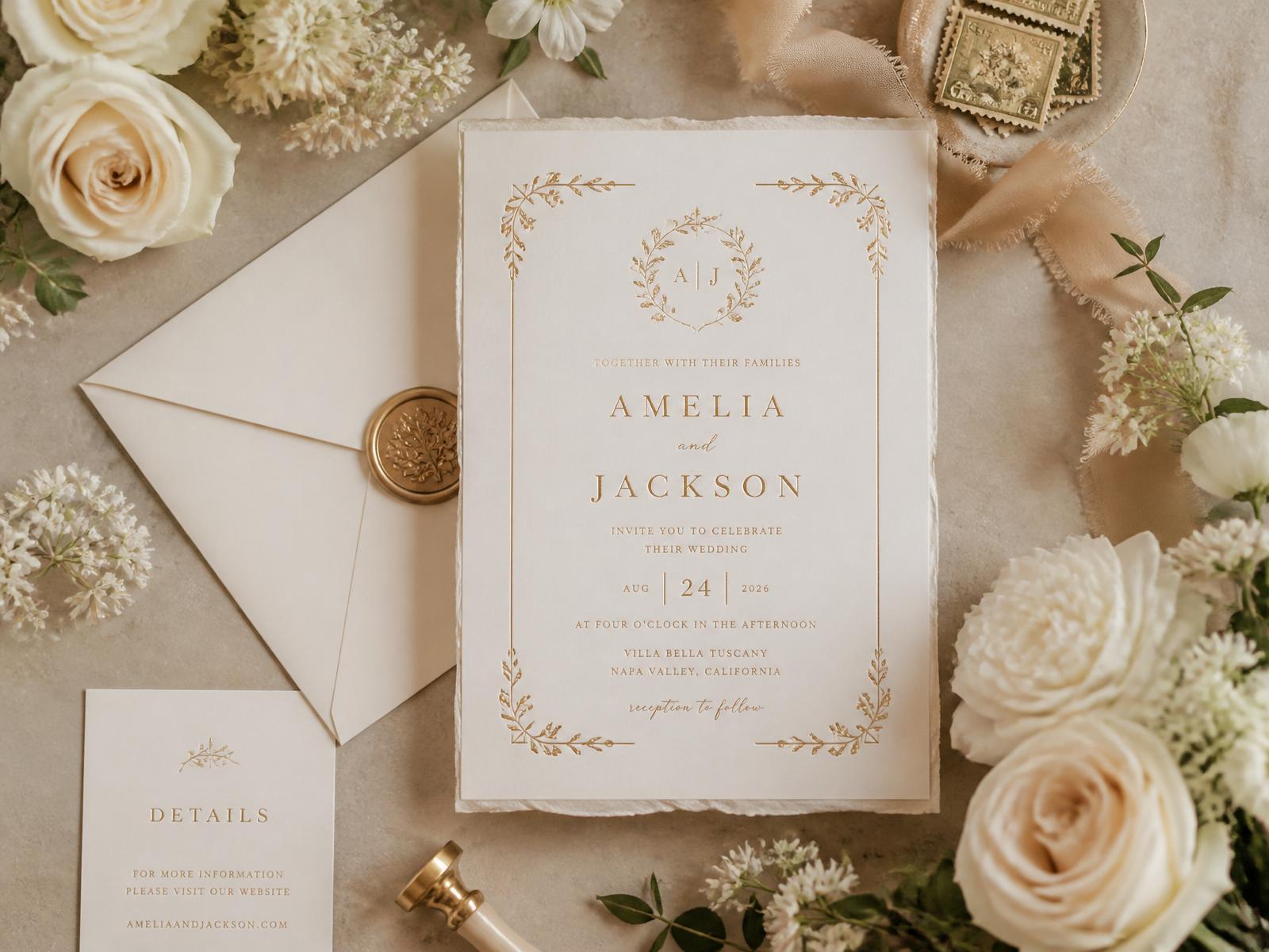 Invitación de boda elegante con detalles dorados