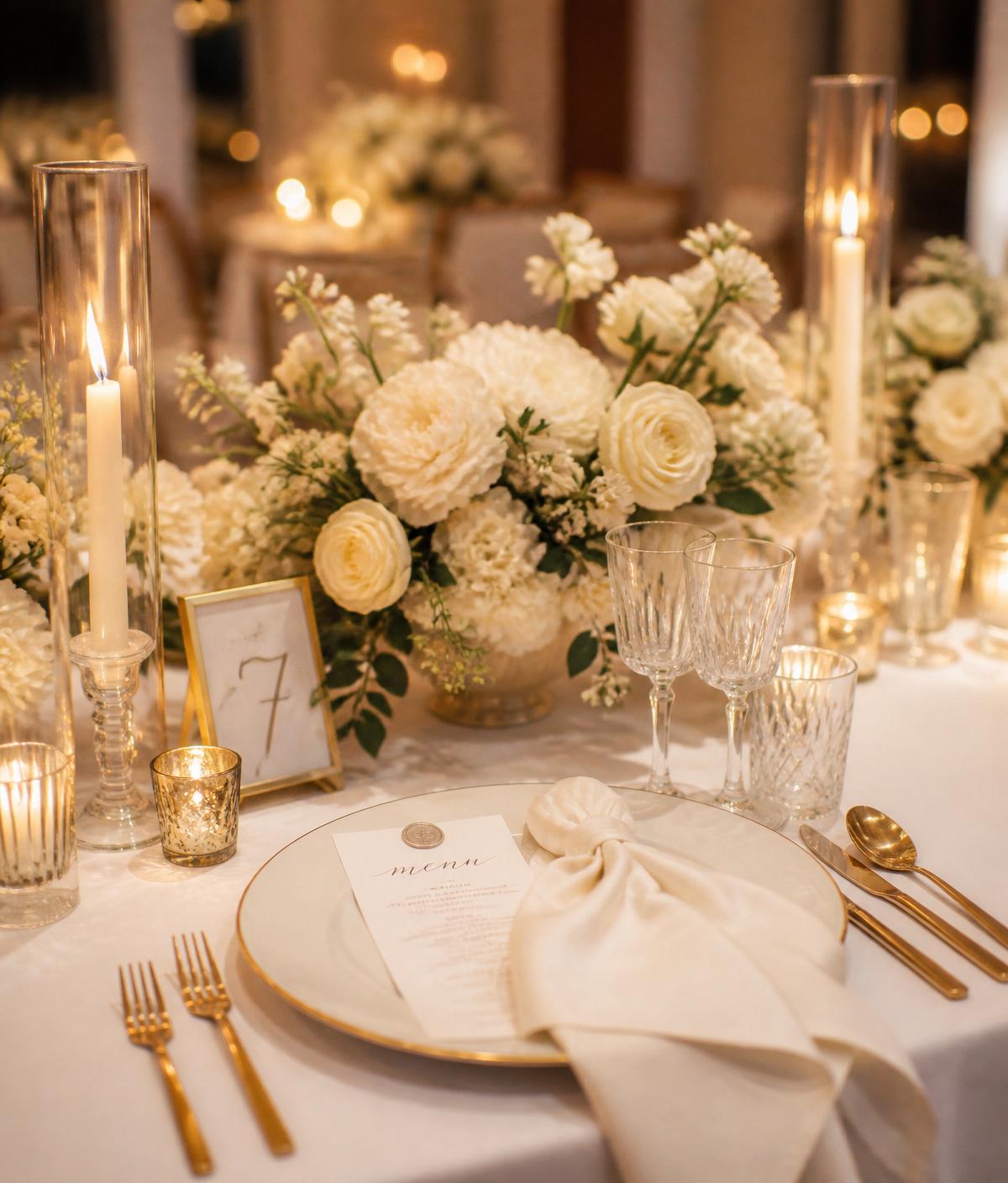 Mesa de boda con arreglos florales y detalles dorados